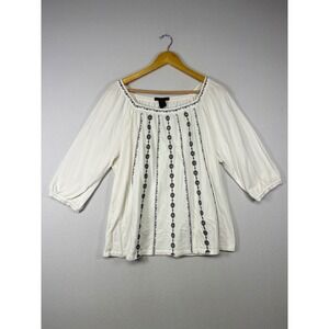 Boho Peasant Preswick & Moore Women 2X White Black Embroidered 3/4 Sleeve Top